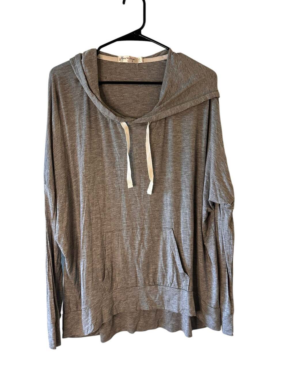 Hearts & Hip Womens Gray Lightweight Hooded Pullover Top Kangaroo Pocket Sz L
